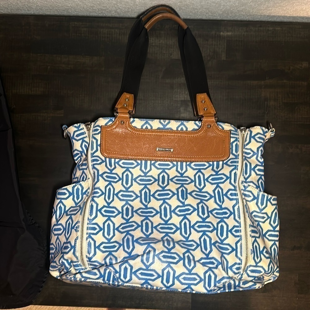 Rebecca Minkoff Blue and White Geometric Baby Bag with Tan Trim